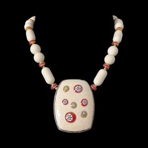 Vintage Ceramic Tile & Bead Necklace - Signed Japan
